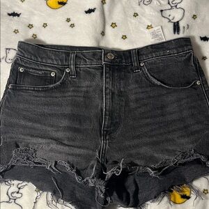 High-Rise Distressed Black Denim Shorts